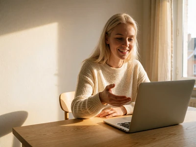 Woman at a wooden desk in a bright apartment smiling during a video conversation with her laptop