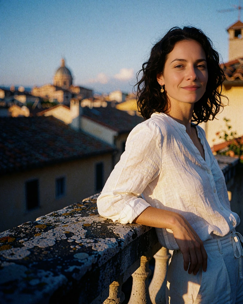 Woman in a white linen blouse leaning on a stone rooftop balustrade above a city skyline at dusk