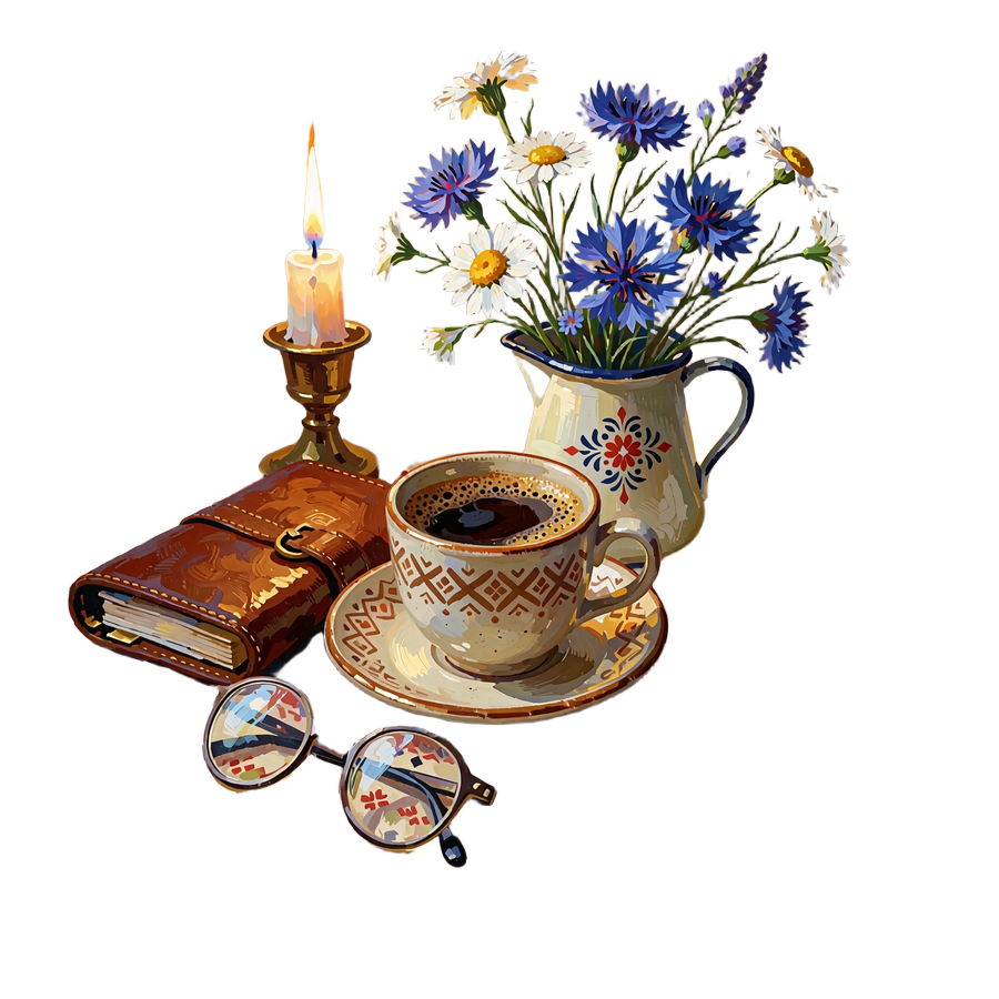 Still life of a coffee cup, closed planner, wildflowers, reading glasses and a brass key arranged together
