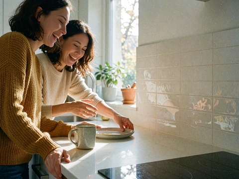 Two women laughing together in a bright modern kitchen while preparing food
