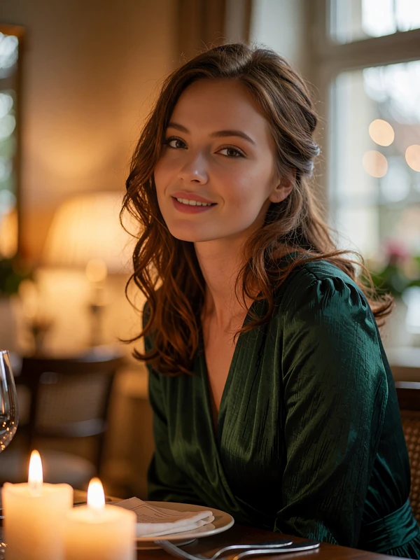 Polish woman with chestnut hair in a dark green dress seated at a candlelit restaurant table, smiling