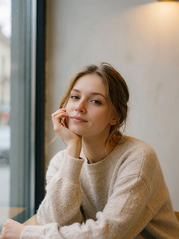 Ukrainian woman in a beige knit sweater seated by a tall window in a modern Kyiv coffee house