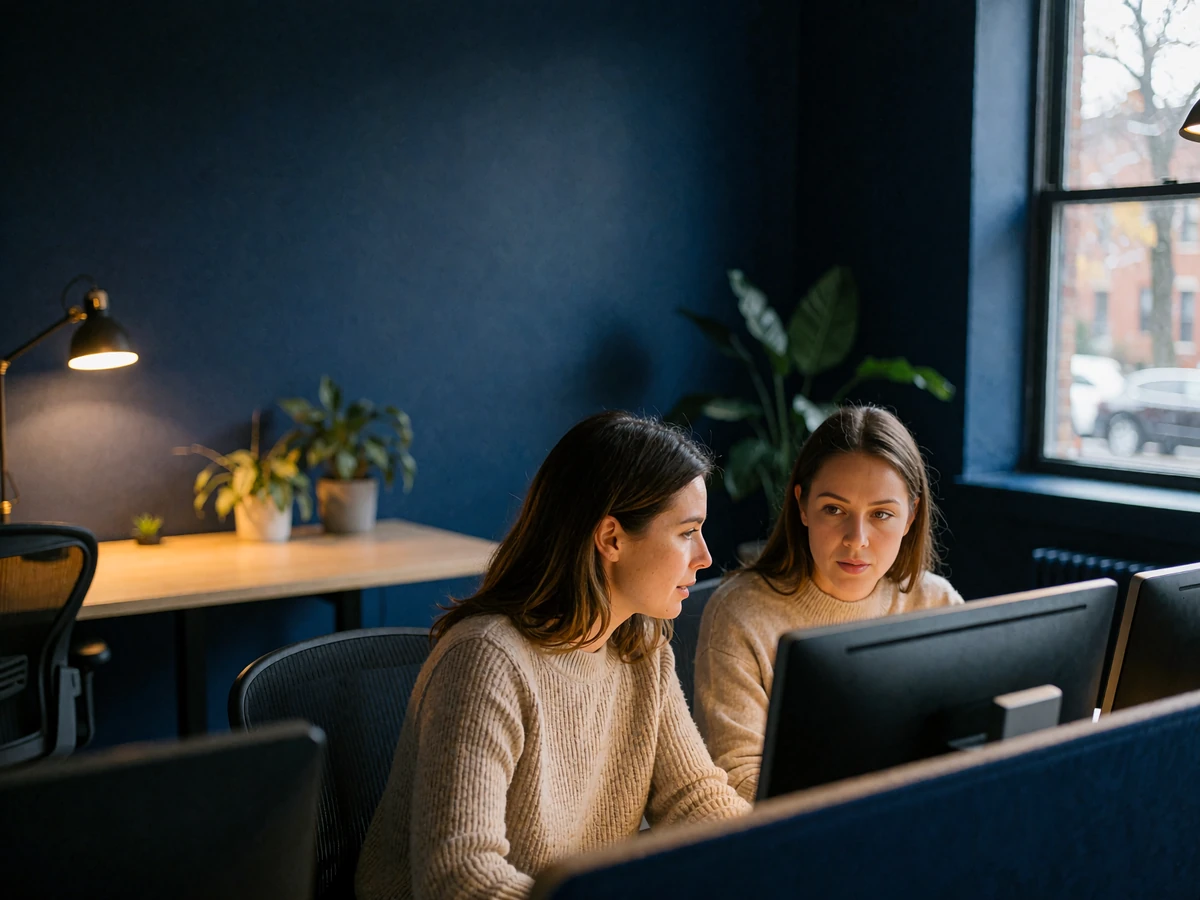 Two moderation team members in conversation at a shared desk while reviewing member profile activity