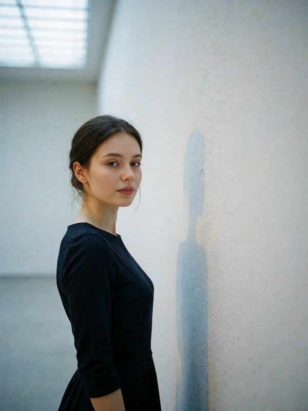 Russian woman with dark brown hair in a black dress standing in a bright minimalist gallery interior