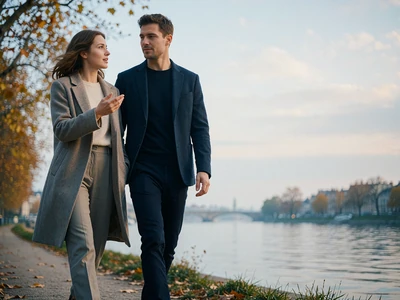 Couple walking side by side along a quiet European riverside path in conversation
