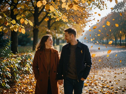 Couple walking side by side along an autumn park path, the woman laughing as she turns toward her partner