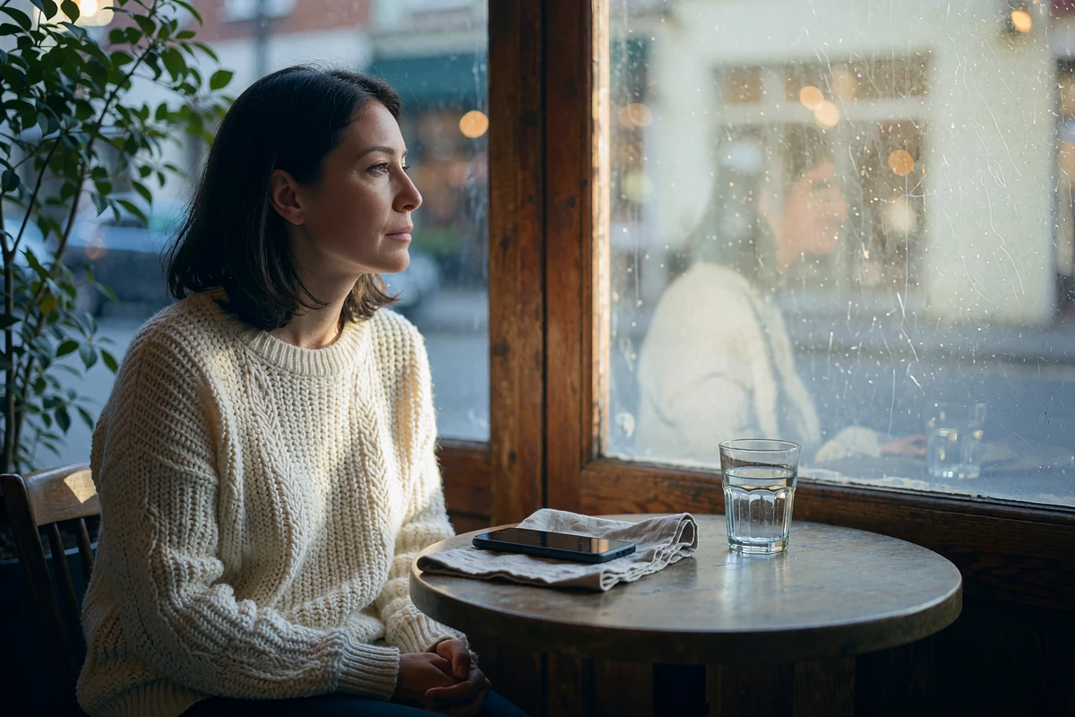 Woman in a cream knit sweater at a café table with her phone face down, looking out the window