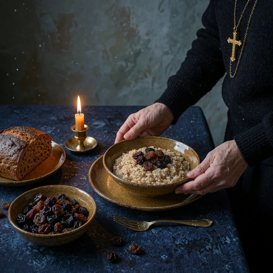 Modest Russian Orthodox Christmas Eve table with grain porridge, dried fruit, dark bread and a single lit candle