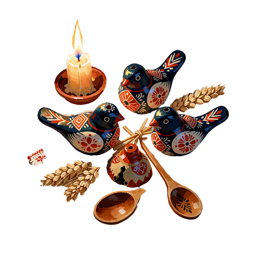 Cluster of hand-painted clay bird whistles with red and white folk patterns beside a small glazed bell and crossed wooden spoons