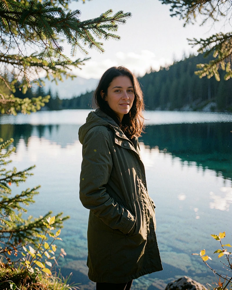 Dark-haired Slovak woman pausing on a lakeside path in an olive parka near an alpine lake