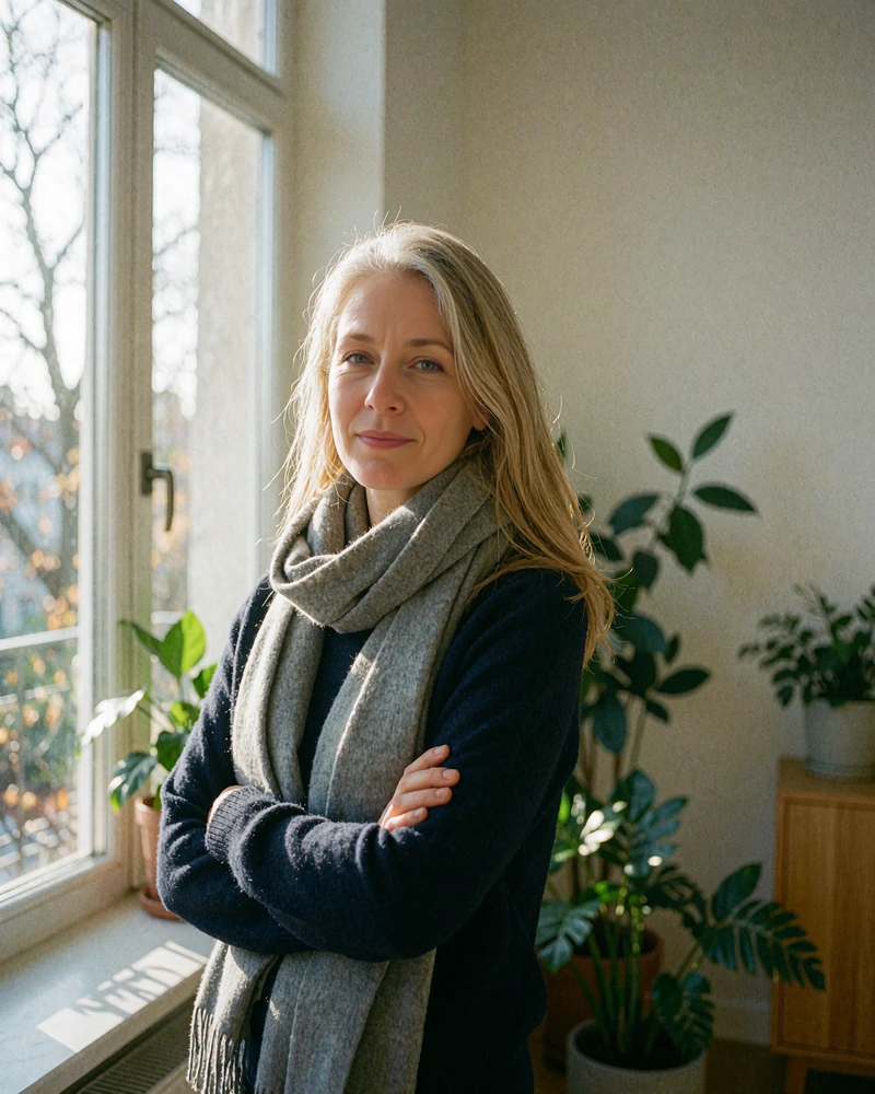 Woman in a grey wool scarf and navy sweater standing near a tall window in a bright apartment