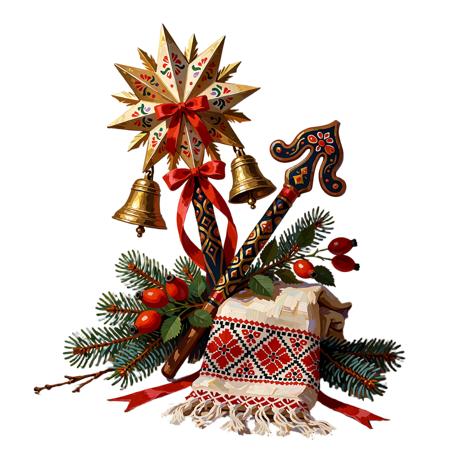 Handmade caroling star on a wooden pole with ribbons, bells and fir sprigs arranged as a festive decoration