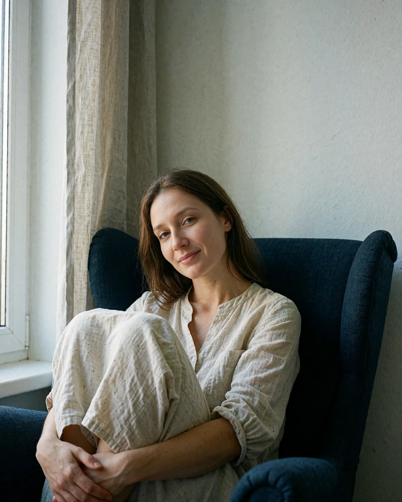 Belarusian woman curled up in an armchair by a tall apartment window with a closed notebook