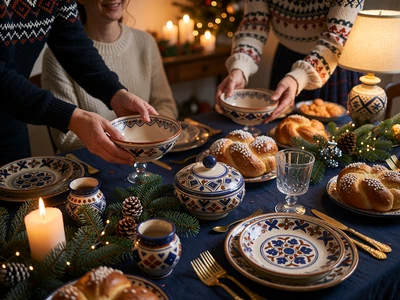 Festive Eastern European holiday table with candles, ceramic dishes and winter greenery