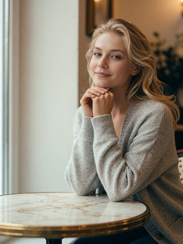 Polish woman with light blonde hair in a grey cardigan seated at a marble cafe table by a window