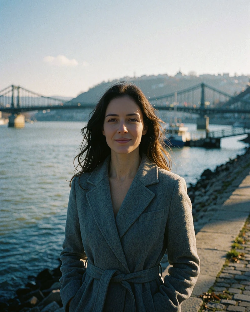 Hungarian woman in a grey belted coat smiling on a riverside promenade with a chain bridge in the background