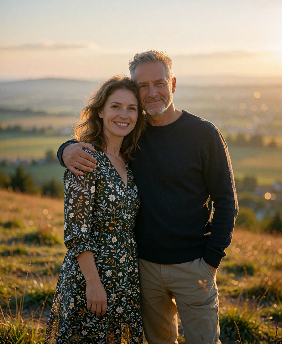 Couple in their forties standing together on an open Carpathian hillside, smiling toward the camera