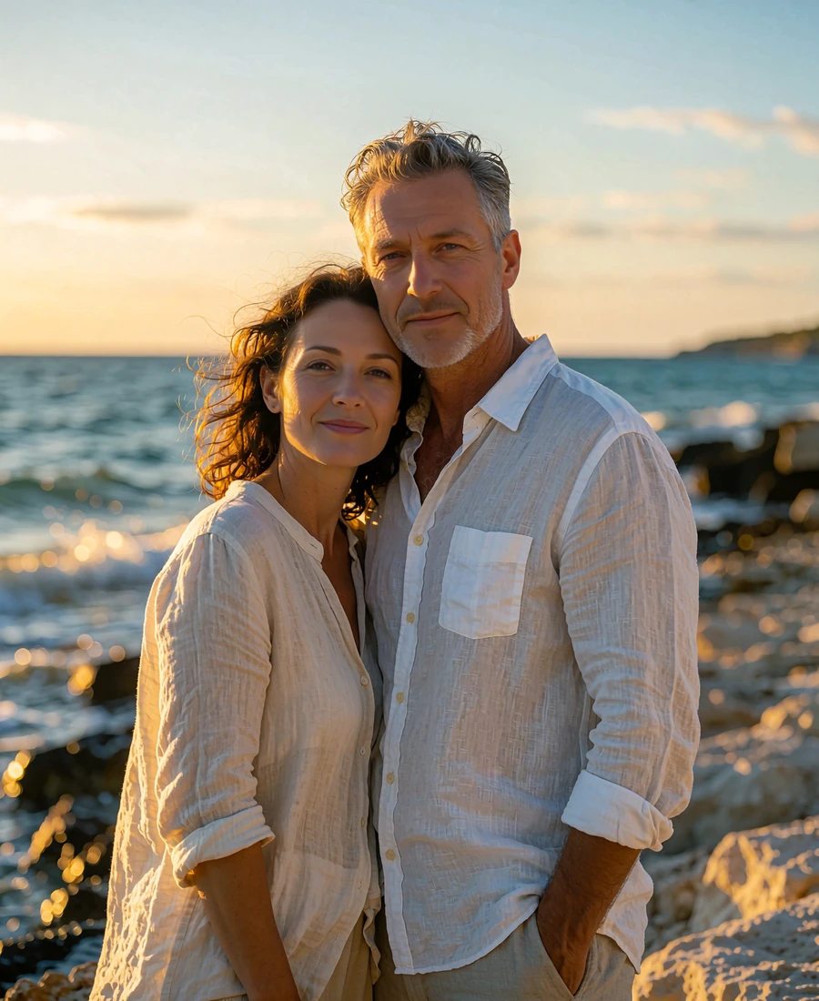 Couple in their forties standing close on a rocky Black Sea shoreline at golden hour, smiling toward the camera