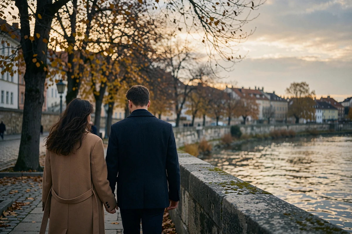 Couple walking side by side along a stone riverside promenade in an old European town