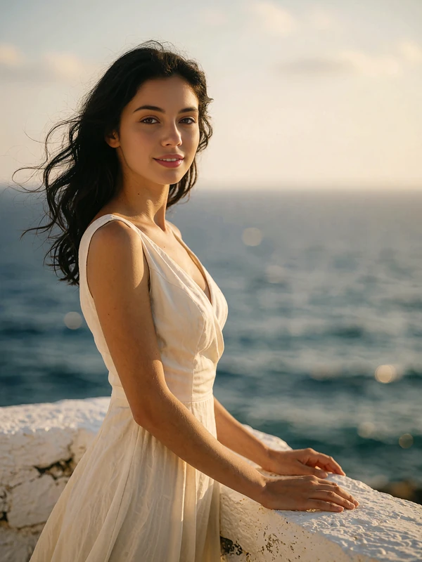 Bulgarian woman in an ivory dress standing on a whitewashed balcony overlooking the Black Sea coast