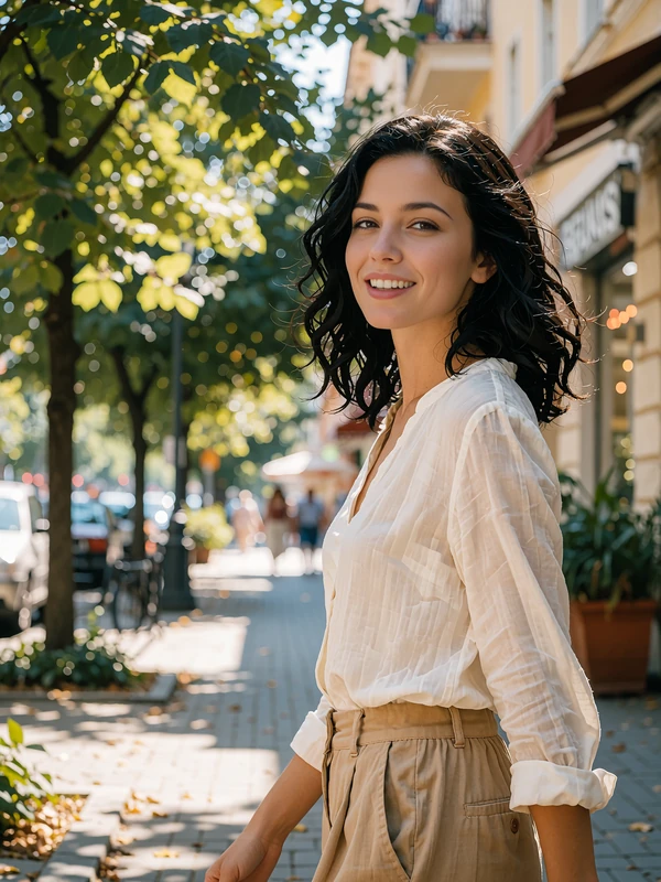 Bulgarian woman in a white blouse walking along a leafy city boulevard with a bright natural smile
