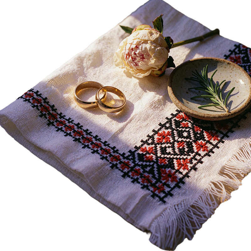 Two plain gold wedding bands resting on hand-embroidered white linen beside a dried peony and a sprig of rosemary