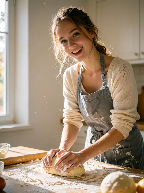 Bulgarian woman in a grey apron shaping dough at a wooden kitchen table, laughing toward the camera