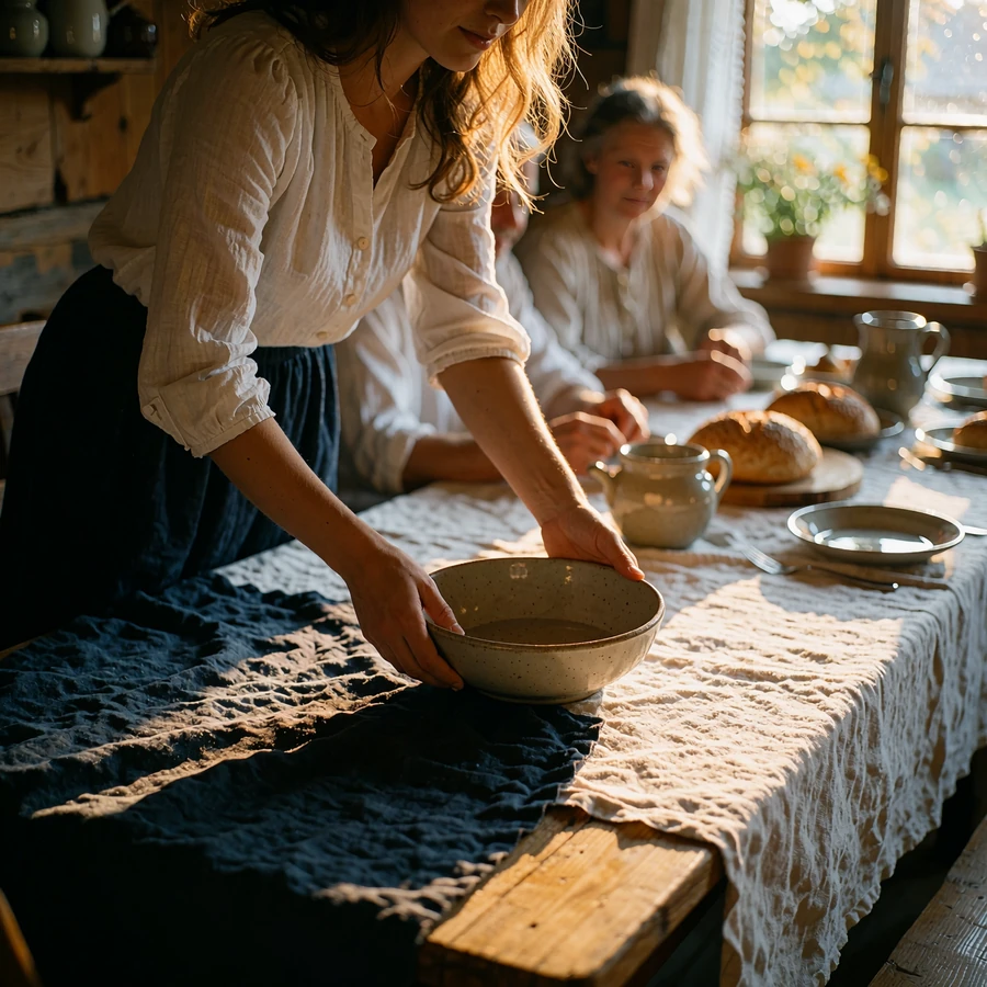 Young Slovak woman setting a long wooden family table in a country house with relatives seated nearby
