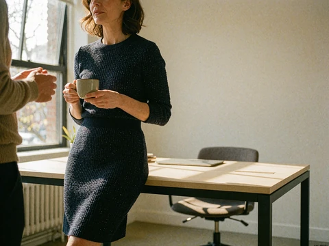 Woman in a navy knit dress standing beside a light-filled office desk holding a coffee cup