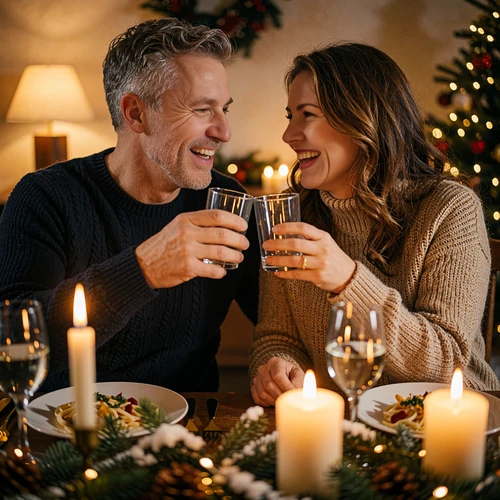 Couple in their late thirties raising glasses toward each other across a candlelit holiday table