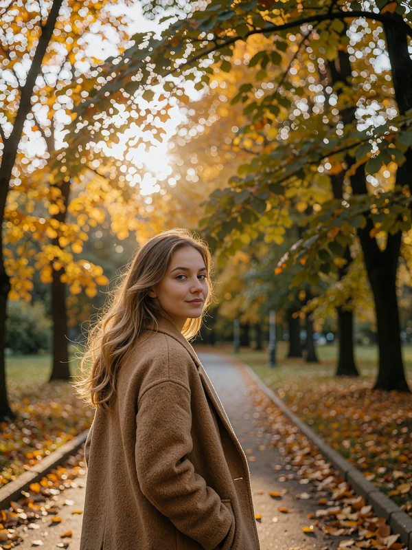 Ukrainian woman in a camel wool coat walking a tree-lined park path in early autumn light