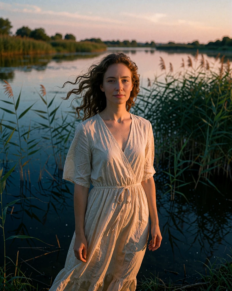 Moldovan woman in her early thirties standing on a quiet riverbank at sunset in a flowing dress