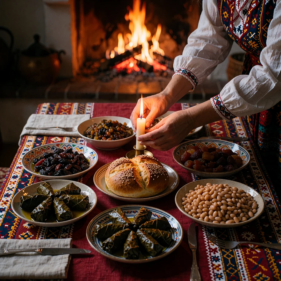 Bulgarian Christmas Eve table with stuffed vine leaves, beans and a ceremonial loaf as a candle is placed at the center