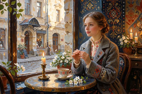 Young woman at a small café table turning a ring on her finger, reflecting on marriage expectations