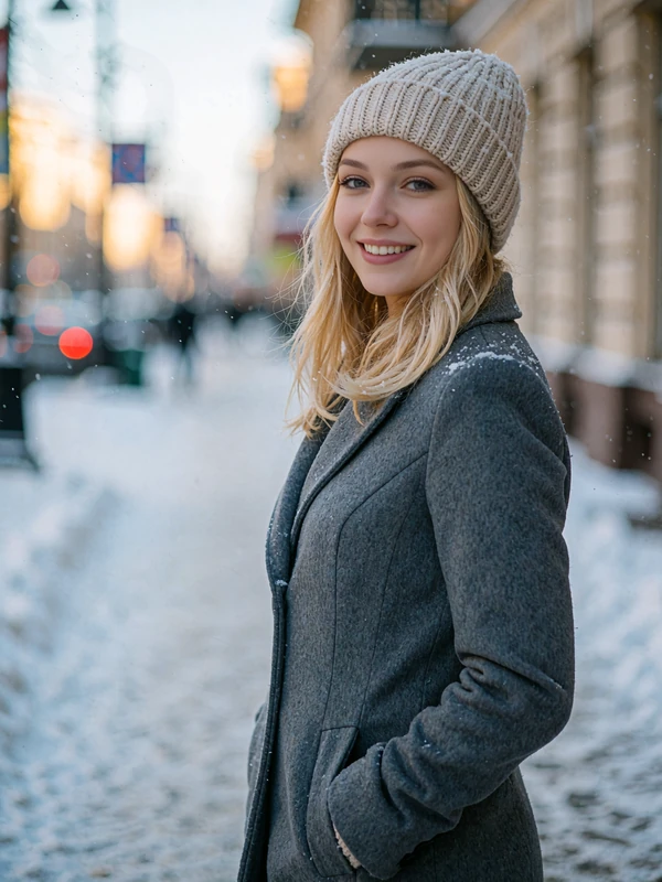 Russian woman with light blonde hair in a grey wool coat and beige beanie smiling on a snow-dusted city boulevard