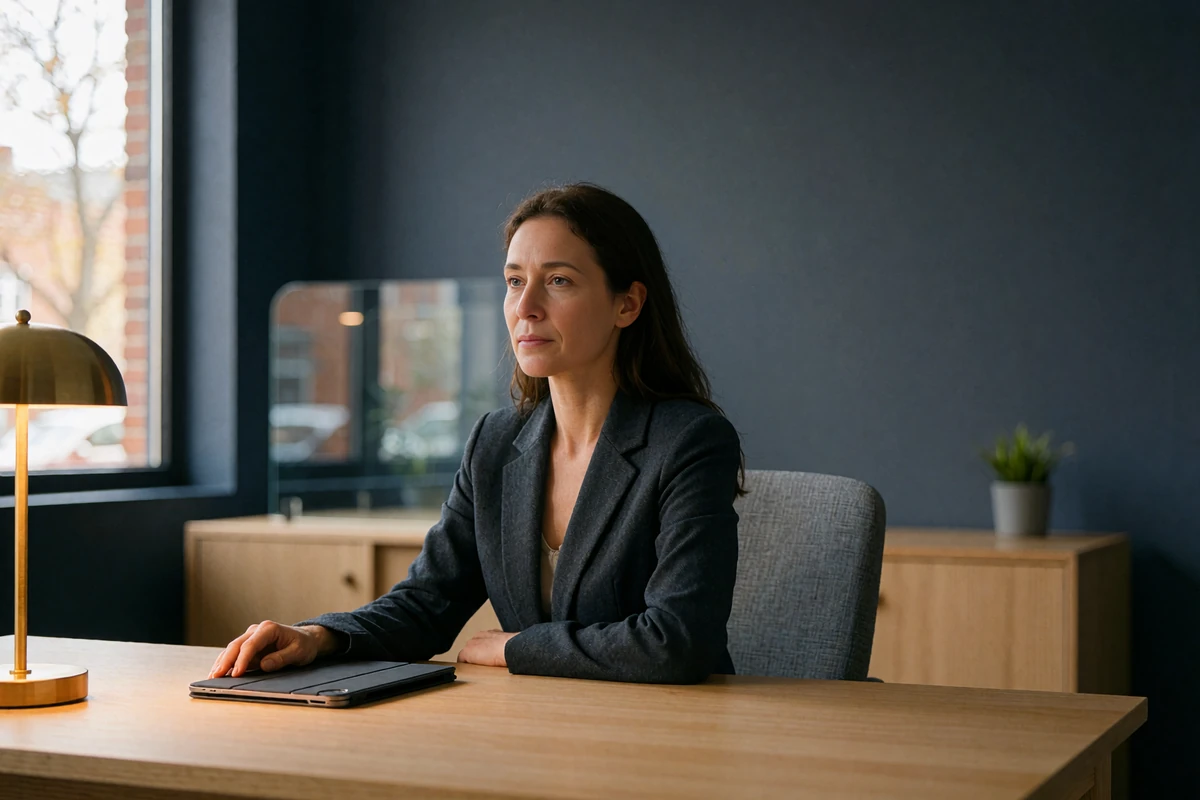 Verification reviewer in a charcoal blazer working calmly at a desk while reviewing submitted member documentation