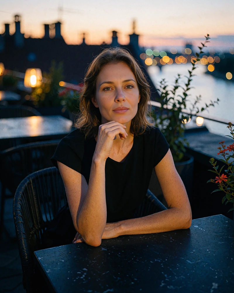 Slovak woman in a black dress seated at a rooftop terrace table above a glowing evening city