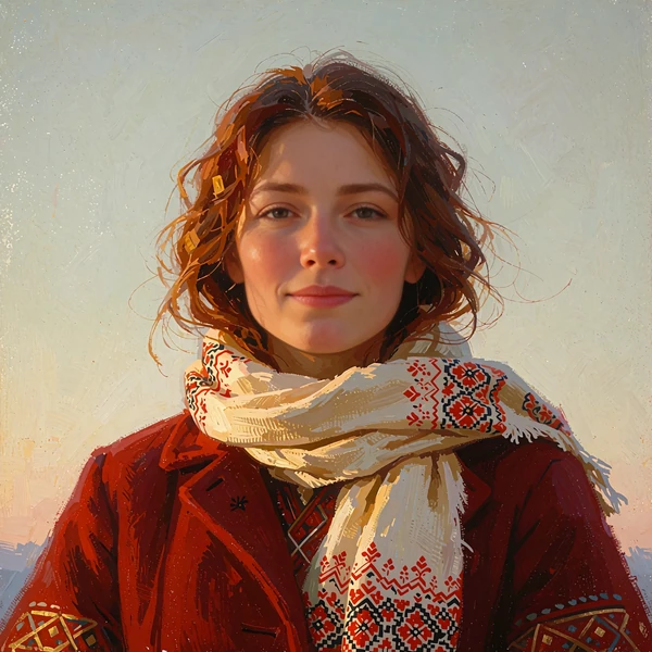 Portrait of an editor in a red wool coat with a cream scarf