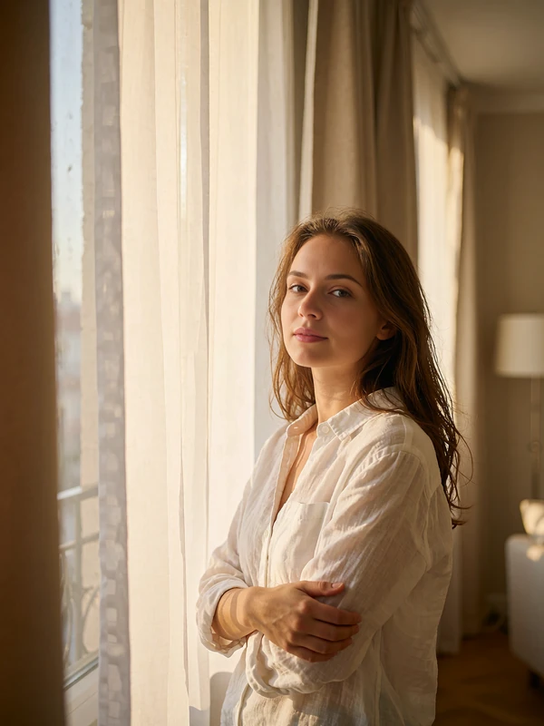 Polish woman with long brown hair in a white linen shirt standing by a tall sunlit apartment window