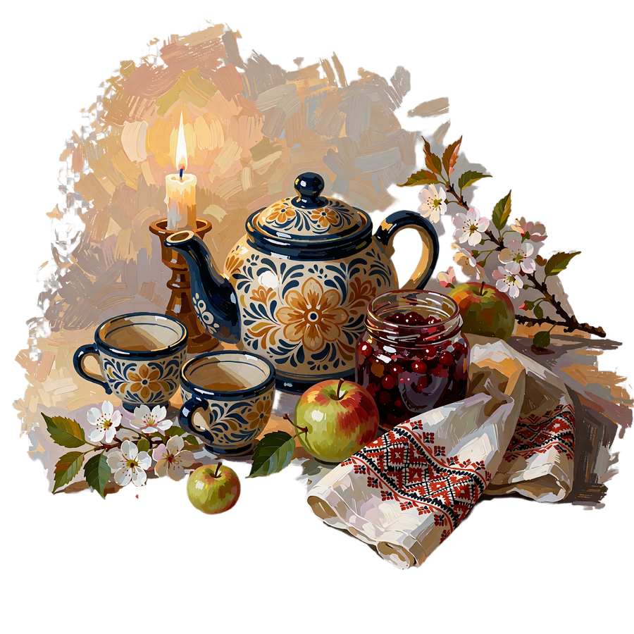 Hand-painted floral teapot with two cups, a jar of berry preserve and an embroidered napkin arranged on a table