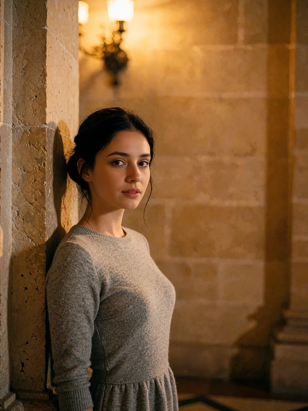 Romanian woman in a grey knit dress standing in a warm classical interior