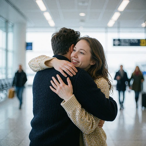 Couple embracing warmly in a bright modern airport arrivals hall