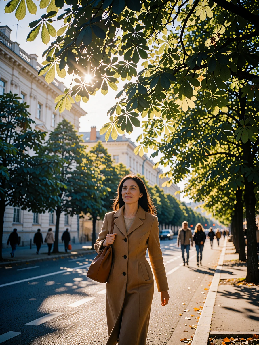 Woman in a camel coat walking along a chestnut-lined Ukrainian city boulevard in spring light