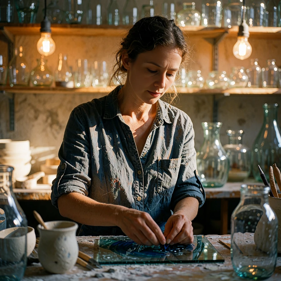 Czech woman working with her hands at a glass and ceramics workbench in a warm-lit workshop