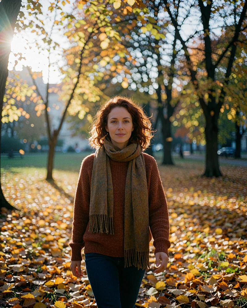 Czech woman in a rust knit sweater walking through an autumn city park with fallen leaves around her