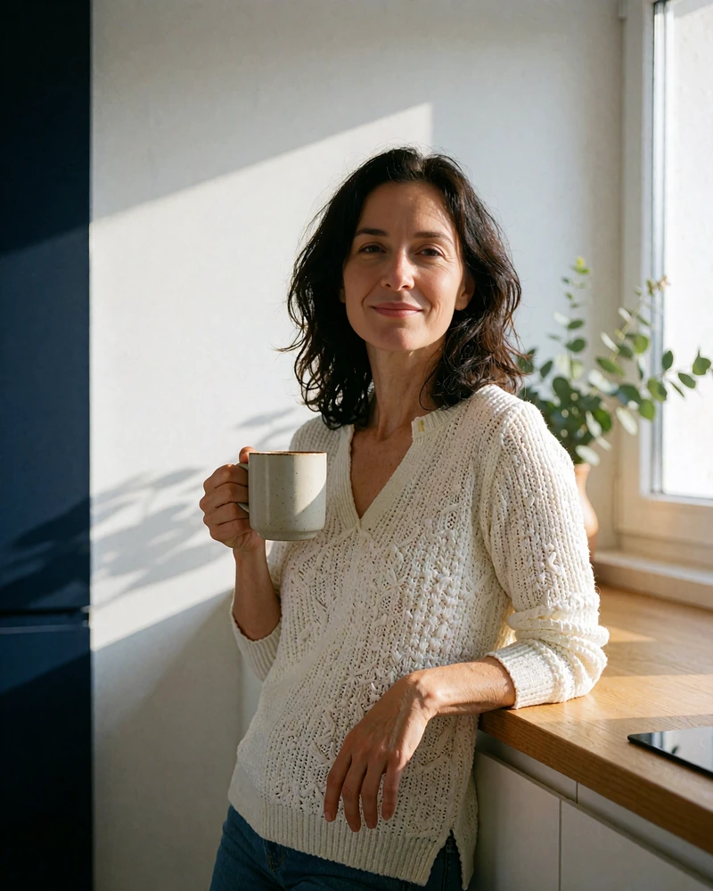 Czech woman holding a ceramic mug while leaning against the counter of a modern apartment kitchen