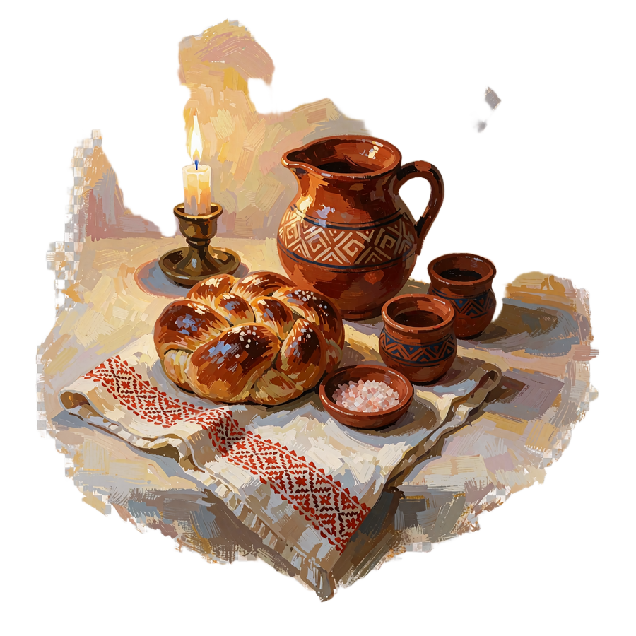 Braided loaf and small dish of salt on an embroidered towel beside a clay pitcher and two cups
