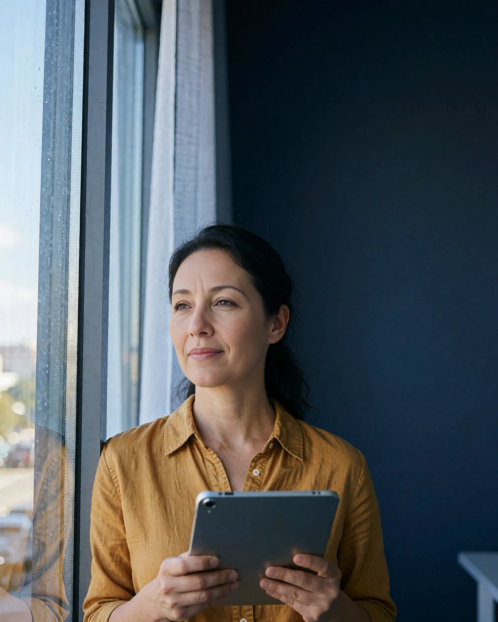 Support team member holding a tablet while standing near a bright office window
