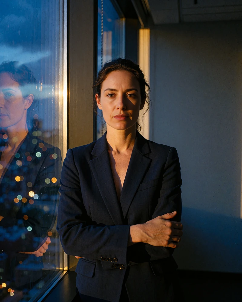 Composed Hungarian woman in a tailored navy blazer standing by an office window at dusk