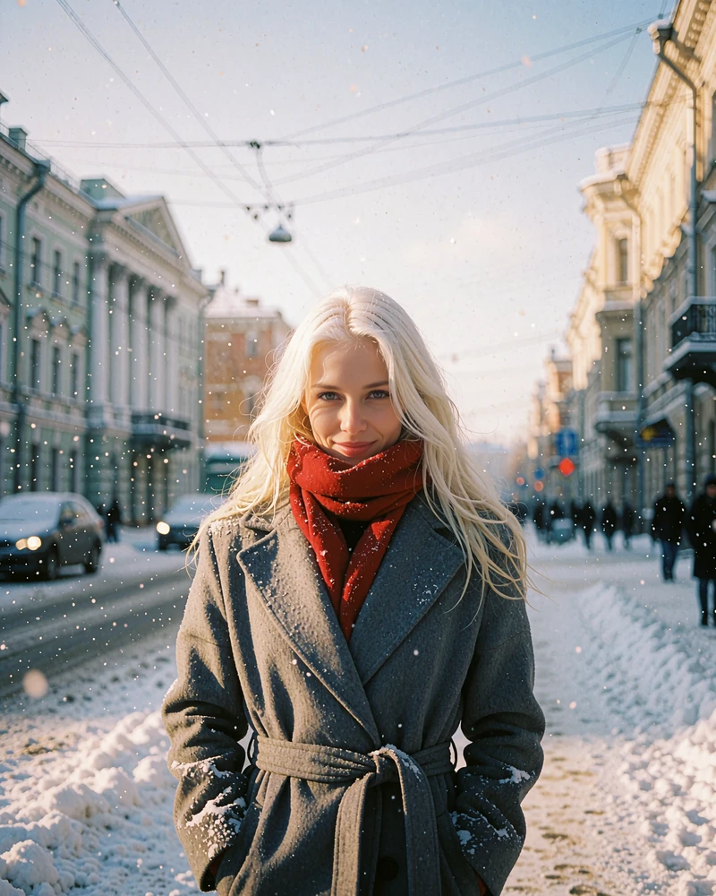 Belarusian woman in a belted grey coat walking a snow-dusted city street lined with neoclassical facades